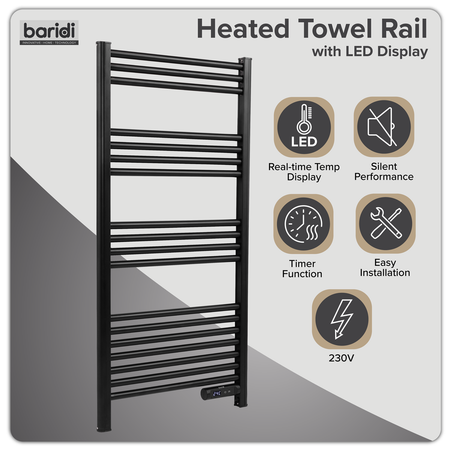 Sealey Baridi Electric Heated Towel Rail 1085 x 535mm with LED Display – Black Model No-DH371