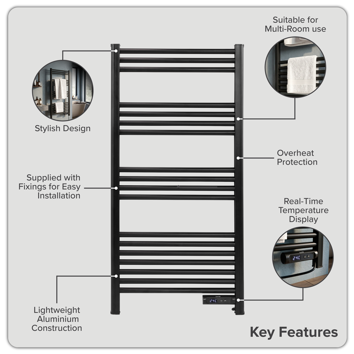 Sealey Baridi Electric Heated Towel Rail 1085 x 535mm with LED Display – Black Model No-DH371