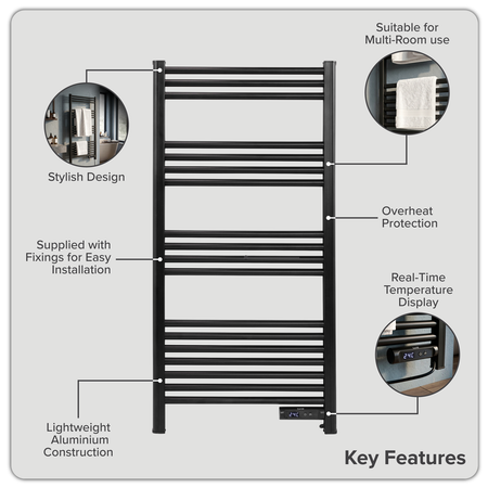 Sealey Baridi Electric Heated Towel Rail 1085 x 535mm with LED Display – Black Model No-DH371