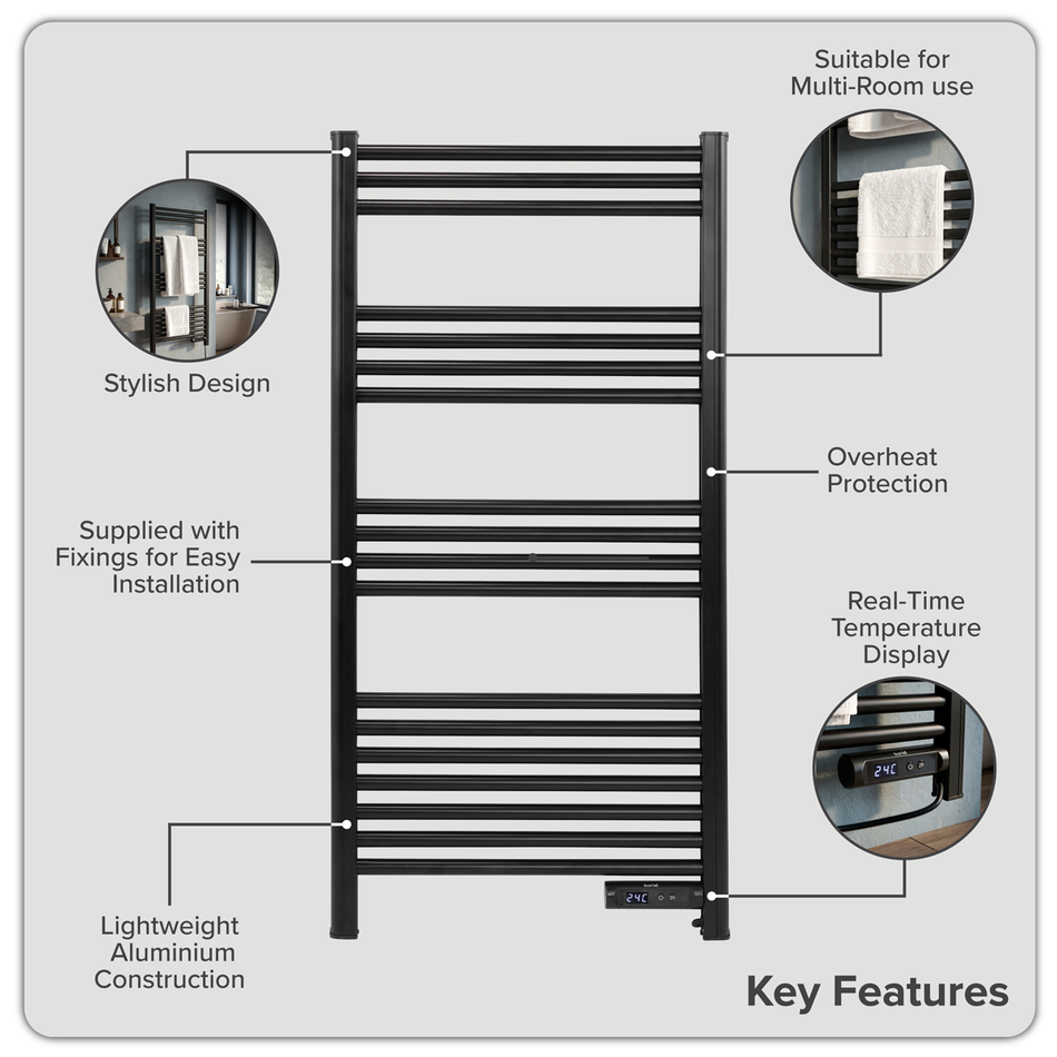 Sealey Baridi Electric Heated Towel Rail 1085 x 535mm with LED Display – Black Model No-DH371