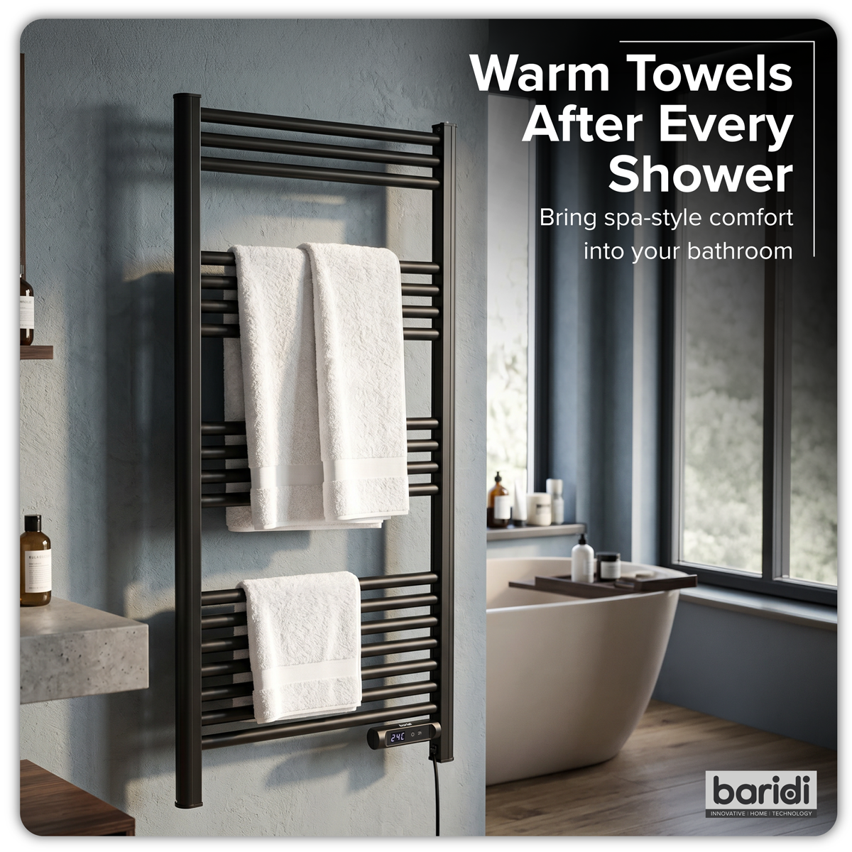 Sealey Baridi Electric Heated Towel Rail 1085 x 535mm with LED Display – Black Model No-DH371