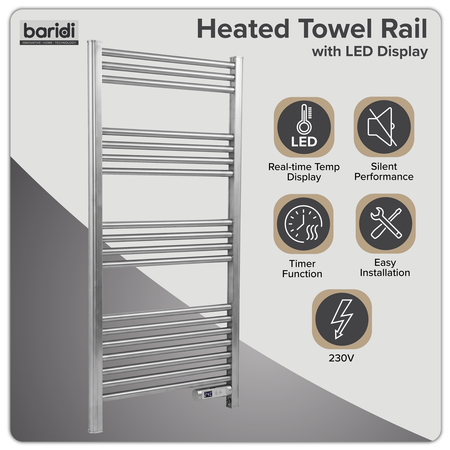Sealey Baridi Electric Heated Towel Rail 1085 x 535mm with LED Display – Silver Model No-DH372