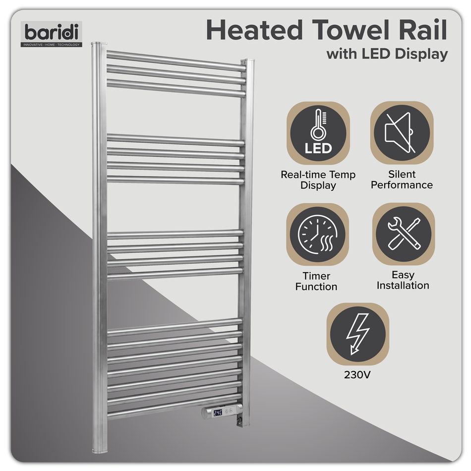 Sealey Baridi Electric Heated Towel Rail 1085 x 535mm with LED Display – Silver Model No-DH372
