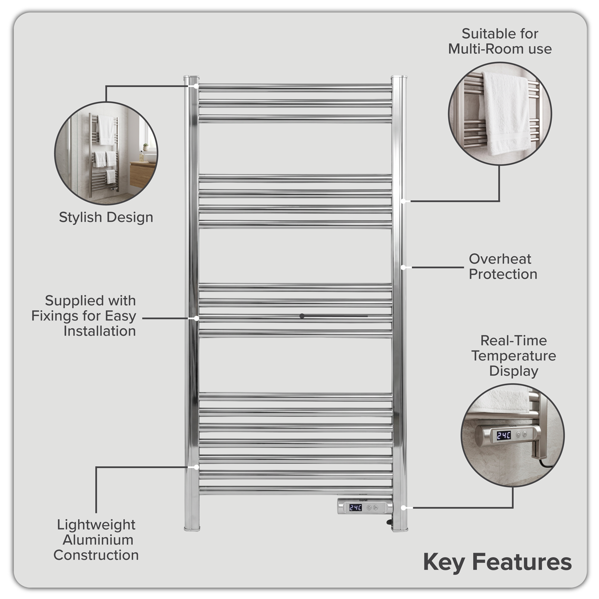 Sealey Baridi Electric Heated Towel Rail 1085 x 535mm with LED Display – Silver Model No-DH372