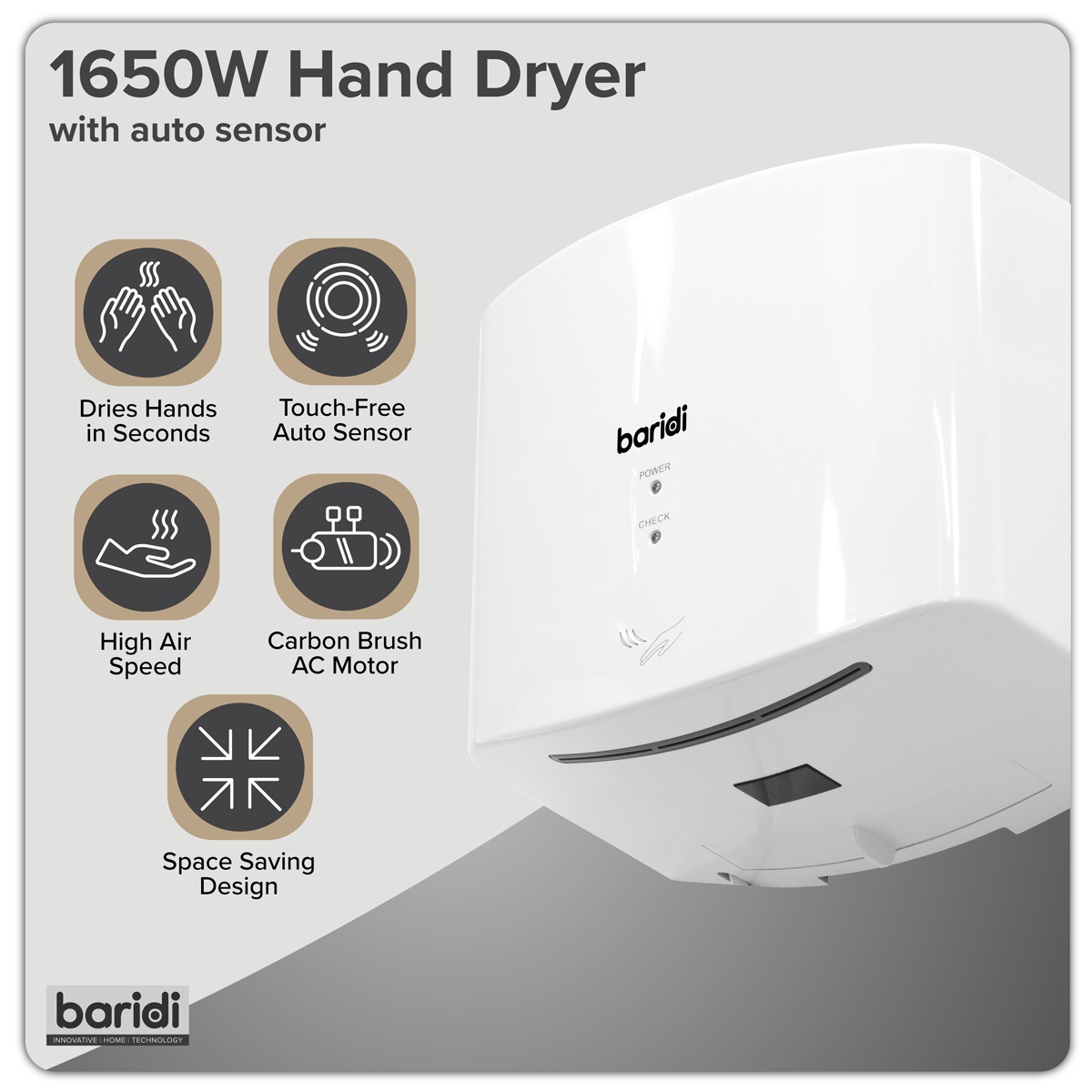 Sealey Baridi High Speed Hand Dryer with Auto Sensor 1400-1650W - White Model No-DH378