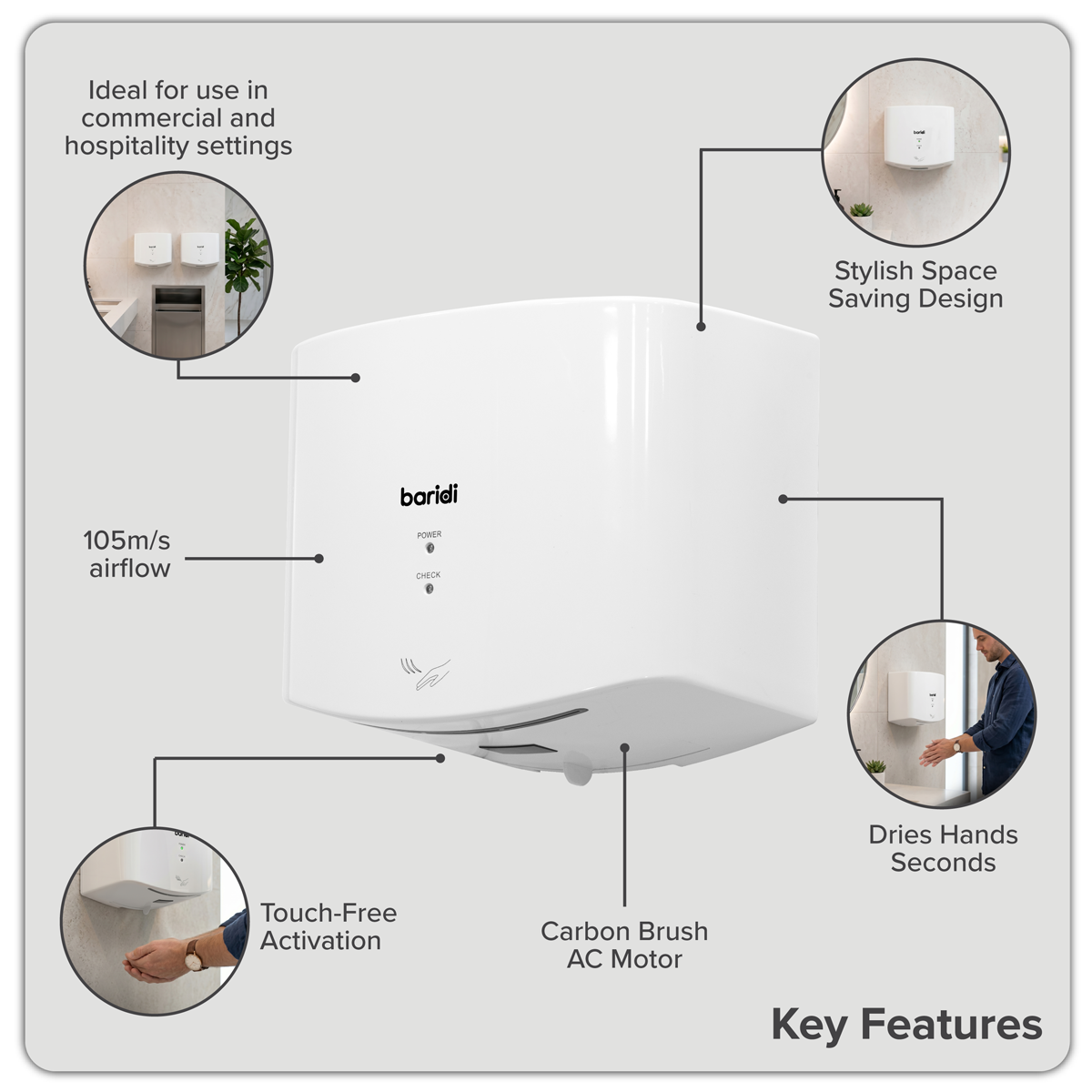 Sealey Baridi High Speed Hand Dryer with Auto Sensor 1400-1650W - White Model No-DH378