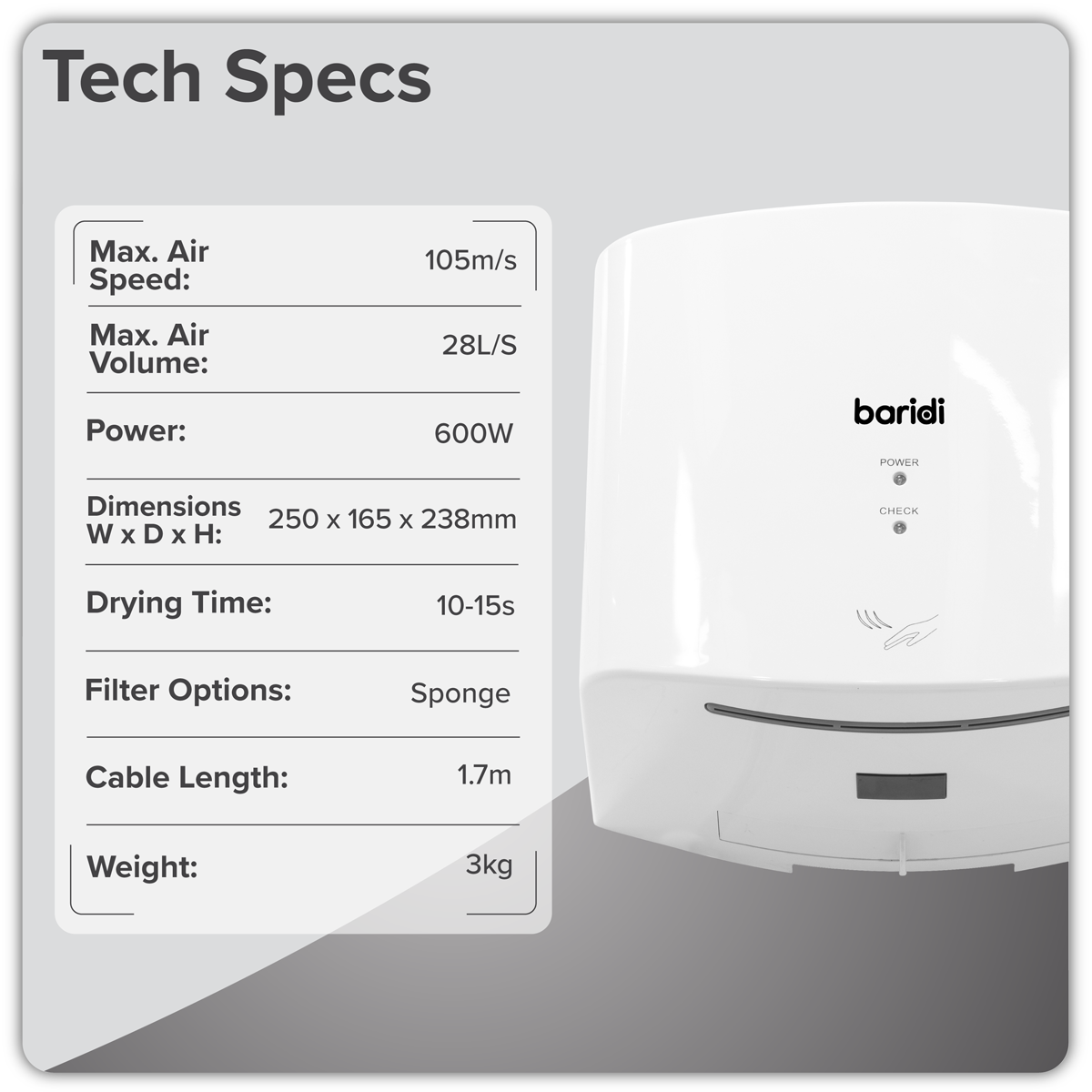 Sealey Baridi High Speed Hand Dryer with Auto Sensor 1400-1650W - White Model No-DH378