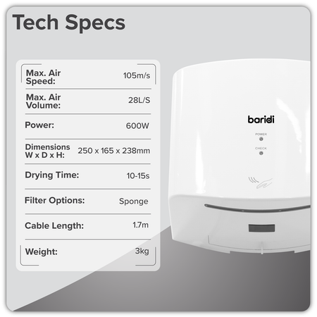 Sealey Baridi High Speed Hand Dryer with Auto Sensor 1400-1650W - White Model No-DH378