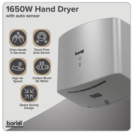 Sealey Baridi High Speed Hand Dryer with Auto-Sensor 1400-1650W - Silver Model No-DH379