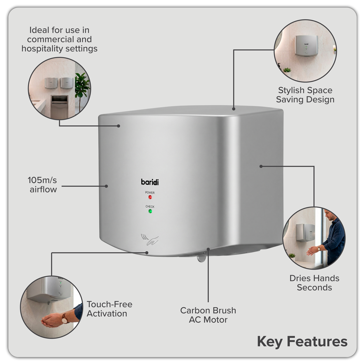 Sealey Baridi High Speed Hand Dryer with Auto-Sensor 1400-1650W - Silver Model No-DH379