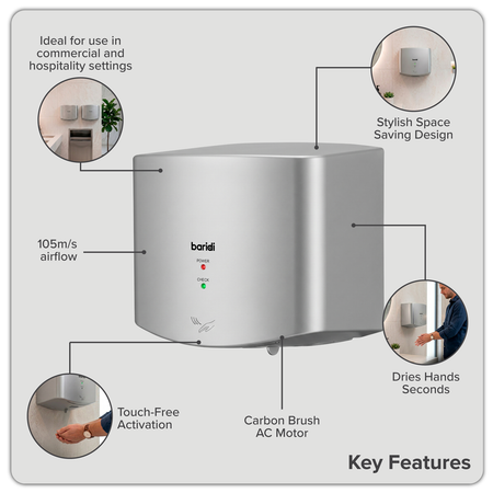 Sealey Baridi High Speed Hand Dryer with Auto-Sensor 1400-1650W - Silver Model No-DH379