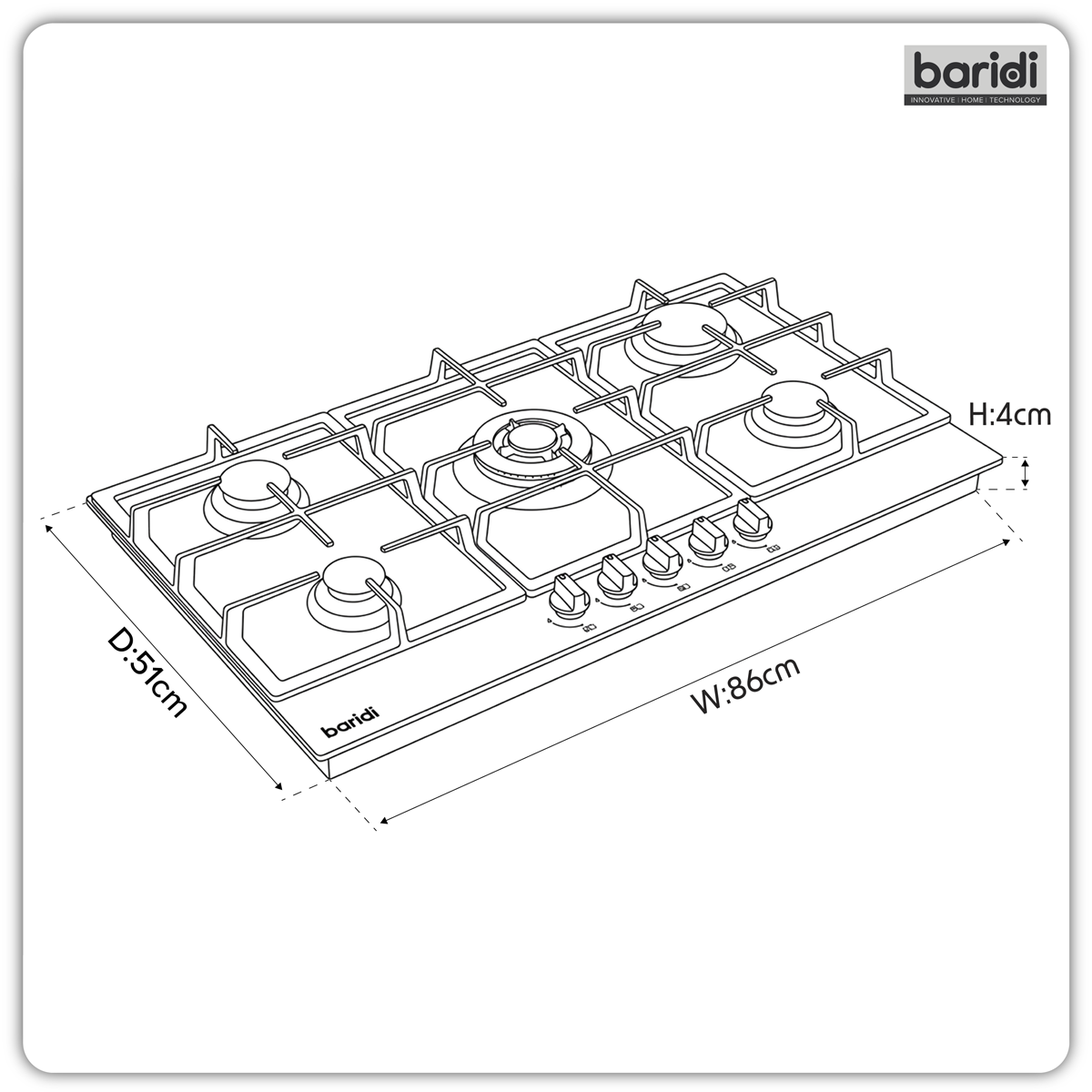 Sealey Baridi 90cm Gas Hob Stainless Steel with 5 Burners, Cast Iron Supports & Auto Ignition 11kW Model No-DH382