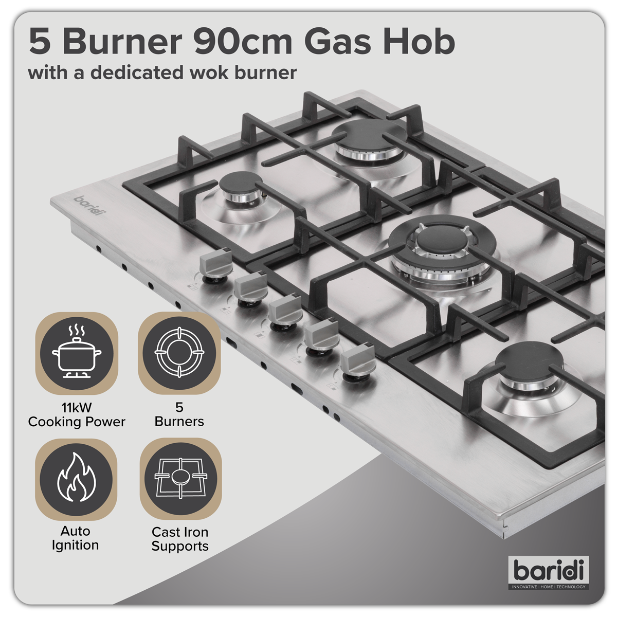 Sealey Baridi 90cm Gas Hob Stainless Steel with 5 Burners, Cast Iron Supports & Auto Ignition 11kW Model No-DH382