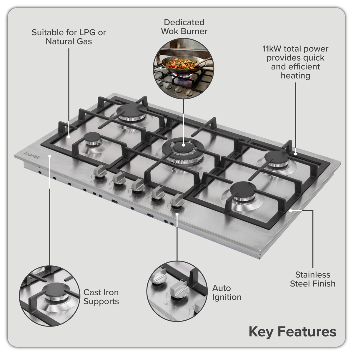 Sealey Baridi 90cm Gas Hob Stainless Steel with 5 Burners, Cast Iron Supports & Auto Ignition 11kW Model No-DH382
