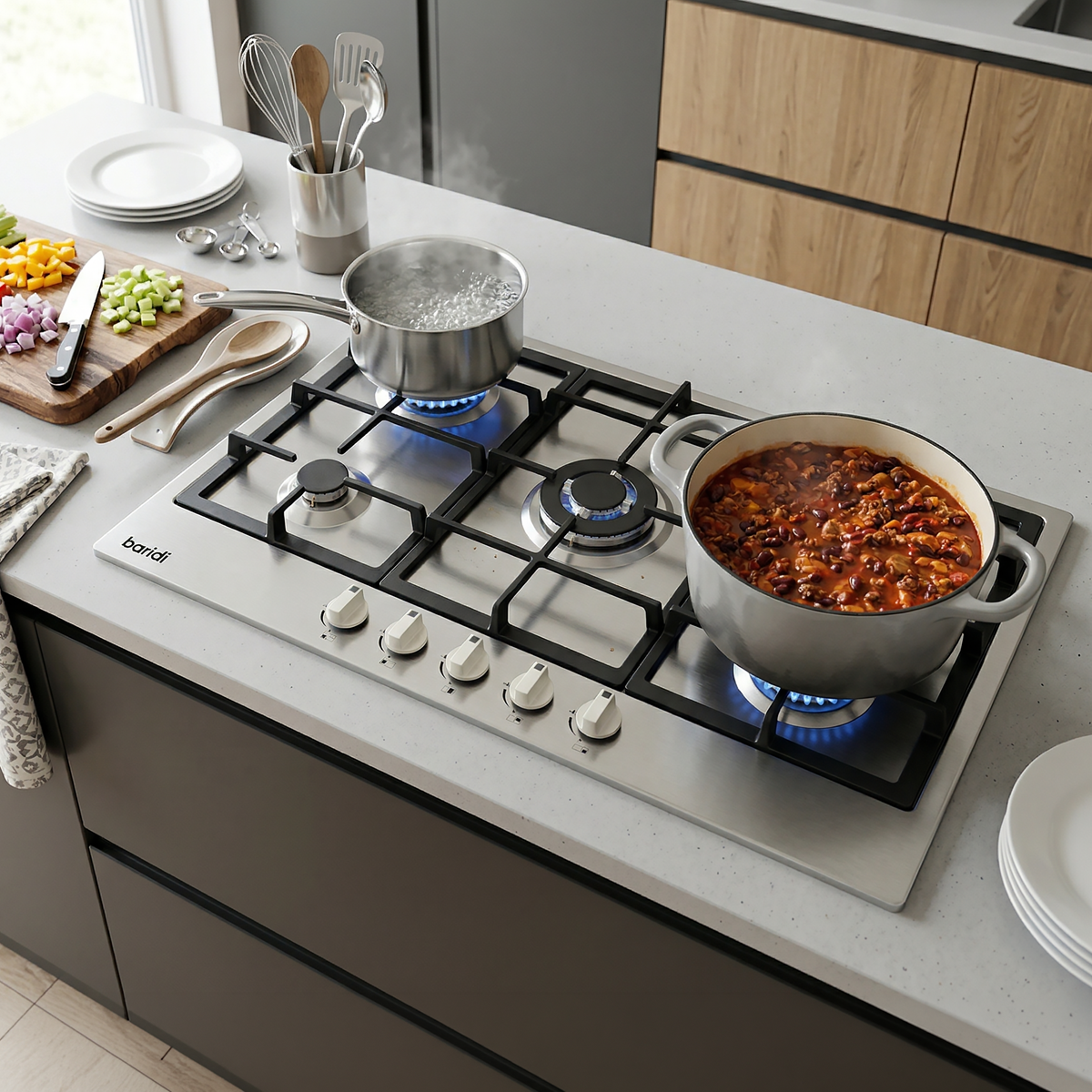 Sealey Baridi 90cm Gas Hob Stainless Steel with 5 Burners, Cast Iron Supports & Auto Ignition 11kW Model No-DH382