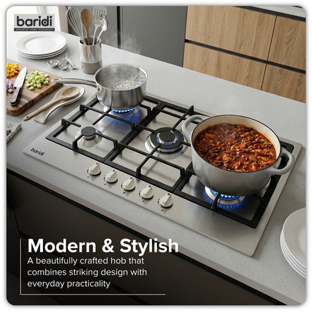 Sealey Baridi 90cm Gas Hob Stainless Steel with 5 Burners, Cast Iron Supports & Auto Ignition 11kW Model No-DH382
