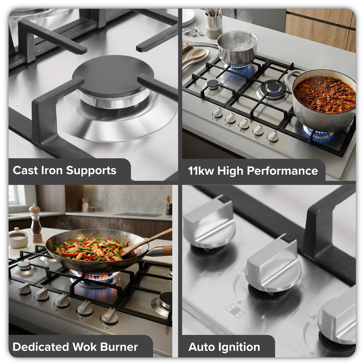 Sealey Baridi 90cm Gas Hob Stainless Steel with 5 Burners, Cast Iron Supports & Auto Ignition 11kW Model No-DH382