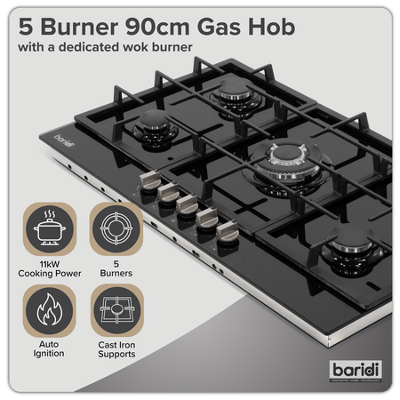 Sealey Baridi 90cm Gas Hob Black Glass with 5 Burners, Cast Iron Supports & Auto Ignition 11kW Model No-DH383