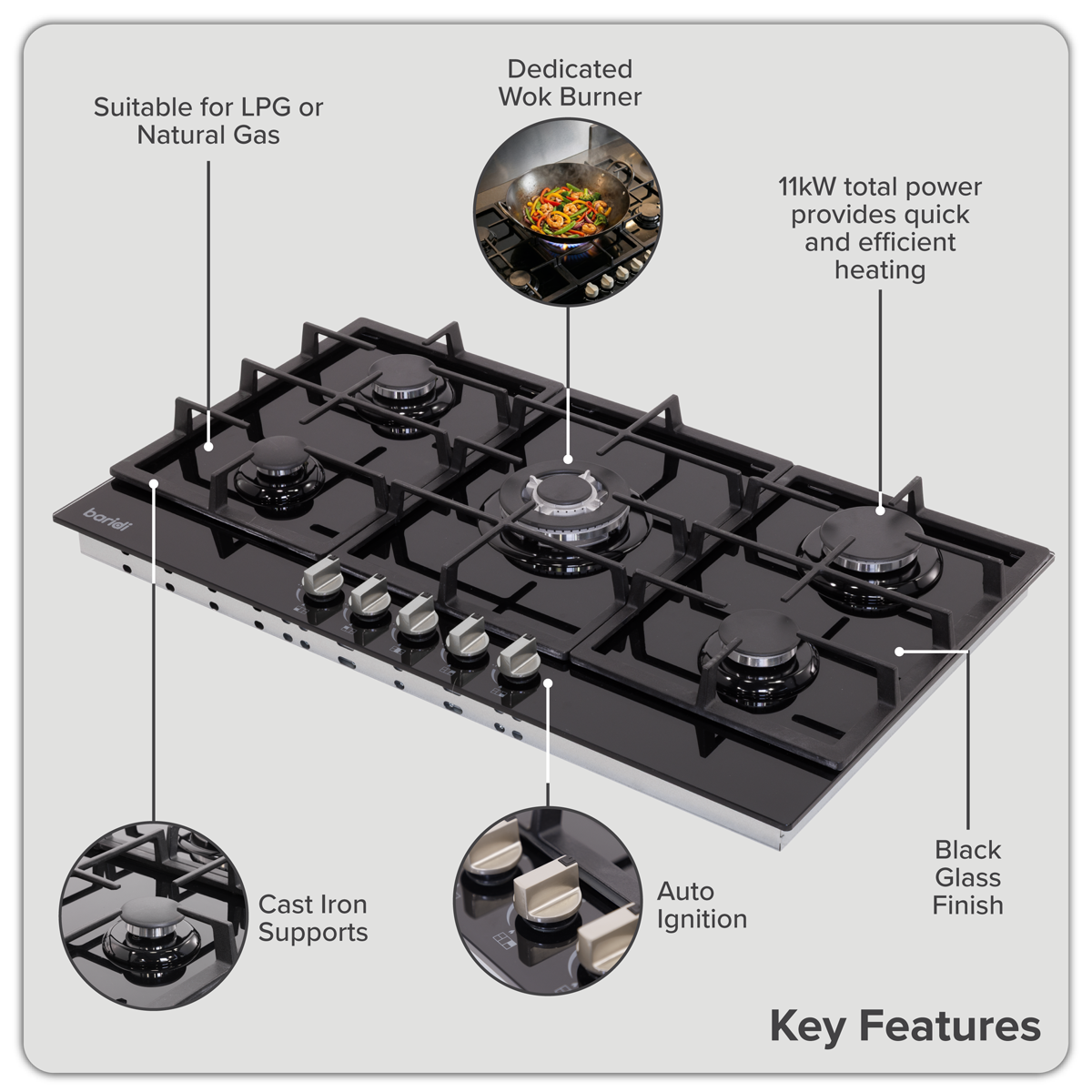Sealey Baridi 90cm Gas Hob Black Glass with 5 Burners, Cast Iron Supports & Auto Ignition 11kW Model No-DH383