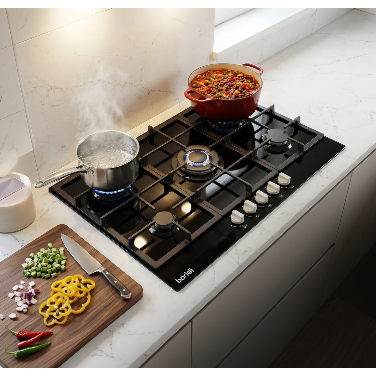 Sealey Baridi 90cm Gas Hob Black Glass with 5 Burners, Cast Iron Supports & Auto Ignition 11kW Model No-DH383