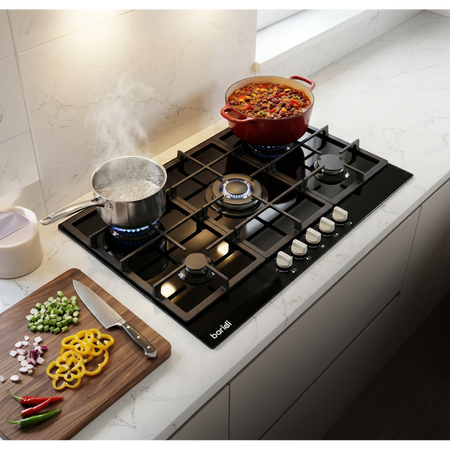 Sealey Baridi 90cm Gas Hob Black Glass with 5 Burners, Cast Iron Supports & Auto Ignition 11kW Model No-DH383