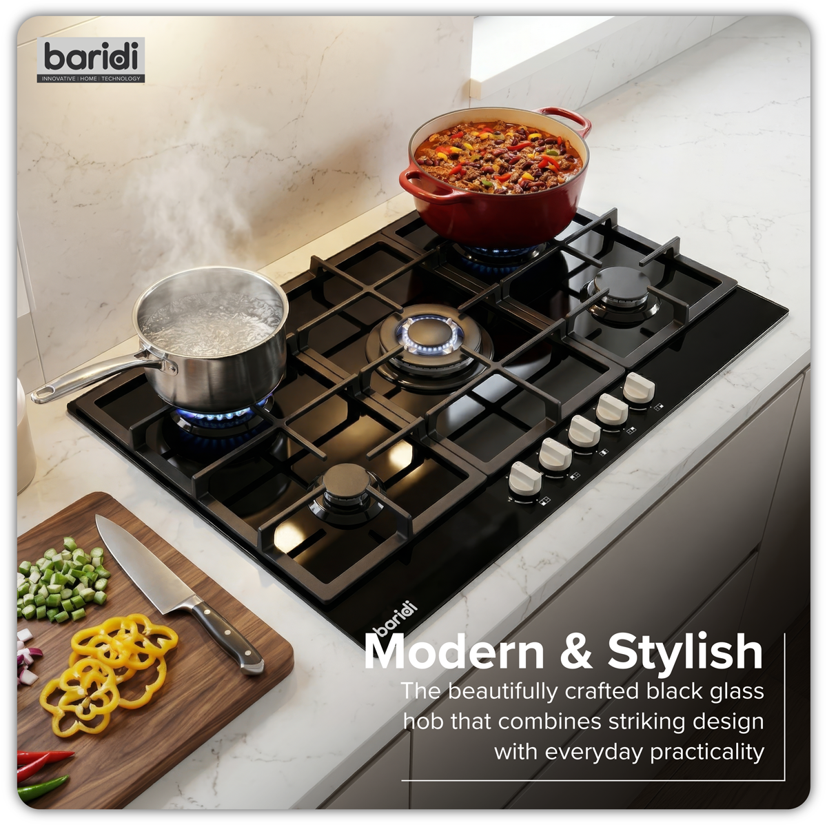 Sealey Baridi 90cm Gas Hob Black Glass with 5 Burners, Cast Iron Supports & Auto Ignition 11kW Model No-DH383