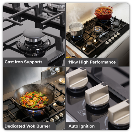 Sealey Baridi 90cm Gas Hob Black Glass with 5 Burners, Cast Iron Supports & Auto Ignition 11kW Model No-DH383