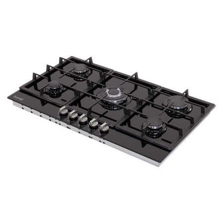 Sealey Baridi 90cm Gas Hob Black Glass with 5 Burners, Cast Iron Supports & Auto Ignition 11kW Model No-DH383