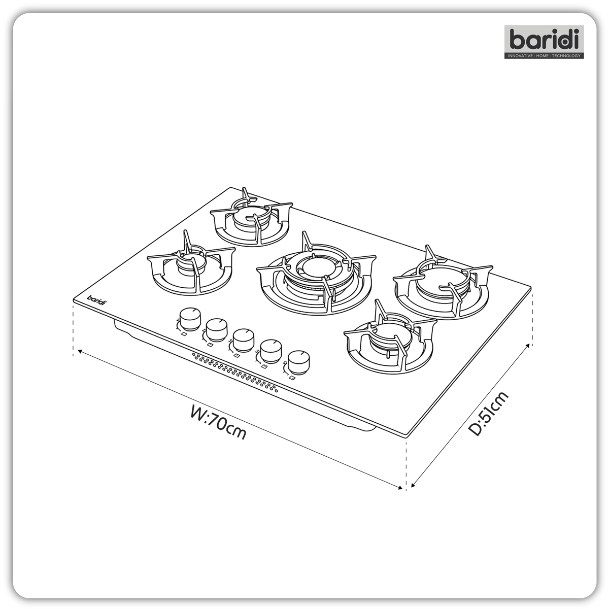 Sealey Baridi 70cm Gas Hob Matt Black with 5 Burners, Cast Iron Supports & Auto Ignition 10.4kW Model No-DH384