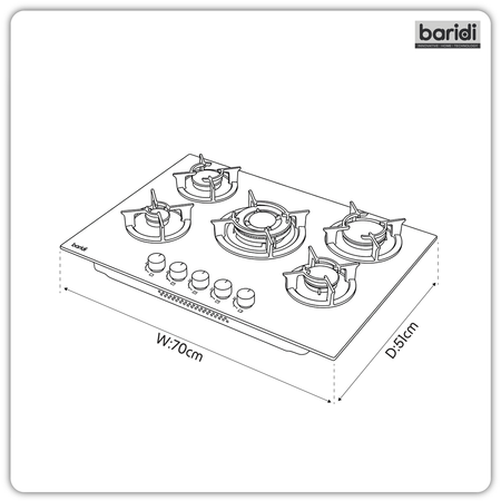 Sealey Baridi 70cm Gas Hob Matt Black with 5 Burners, Cast Iron Supports & Auto Ignition 10.4kW Model No-DH384