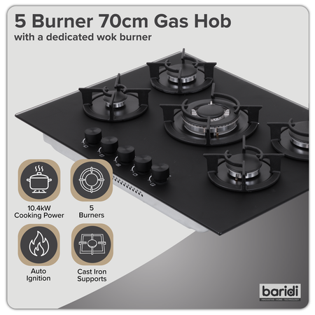 Sealey Baridi 70cm Gas Hob Matt Black with 5 Burners, Cast Iron Supports & Auto Ignition 10.4kW Model No-DH384