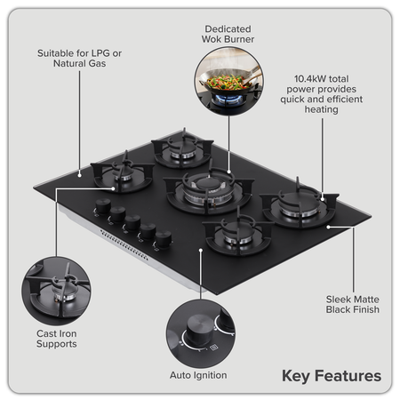 Sealey Baridi 70cm Gas Hob Matt Black with 5 Burners, Cast Iron Supports & Auto Ignition 10.4kW Model No-DH384