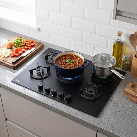 Sealey Baridi 70cm Gas Hob Matt Black with 5 Burners, Cast Iron Supports & Auto Ignition 10.4kW Model No-DH384