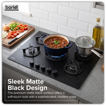 Sealey Baridi 70cm Gas Hob Matt Black with 5 Burners, Cast Iron Supports & Auto Ignition 10.4kW Model No-DH384