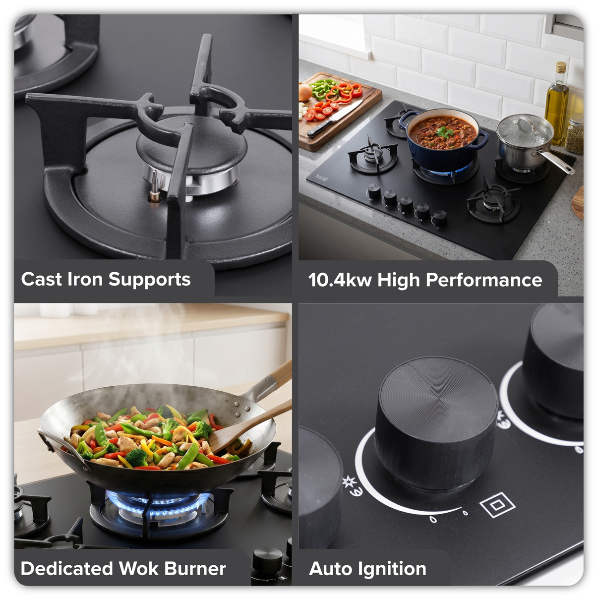 Sealey Baridi 70cm Gas Hob Matt Black with 5 Burners, Cast Iron Supports & Auto Ignition 10.4kW Model No-DH384