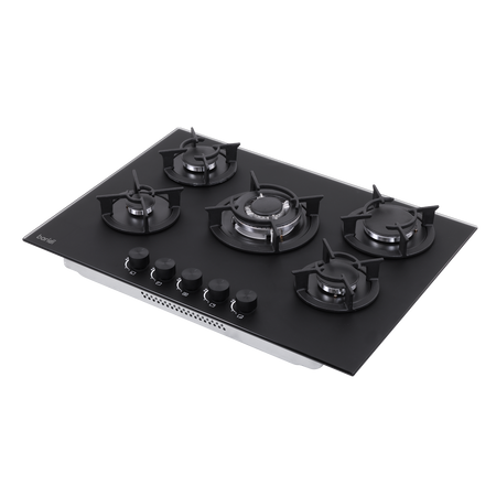 Sealey Baridi 70cm Gas Hob Matt Black with 5 Burners, Cast Iron Supports & Auto Ignition 10.4kW Model No-DH384