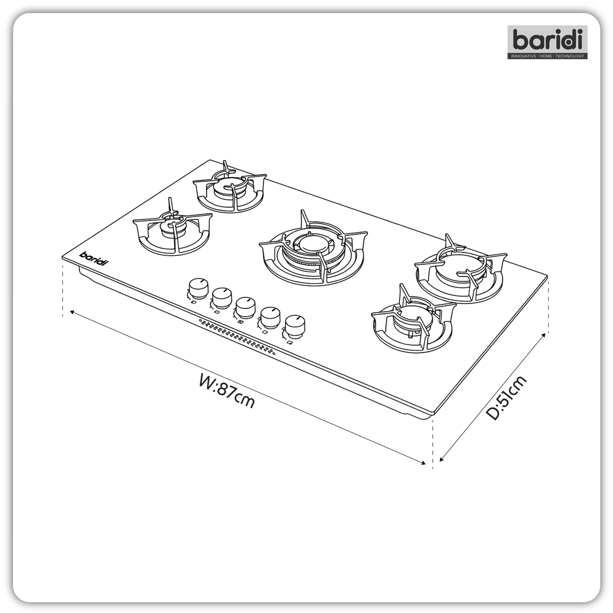 Sealey Baridi 90cm Gas Hob Matt Black 5 Burners Cast Iron Supports & Auto Ignition 10.4kW Model No-DH385