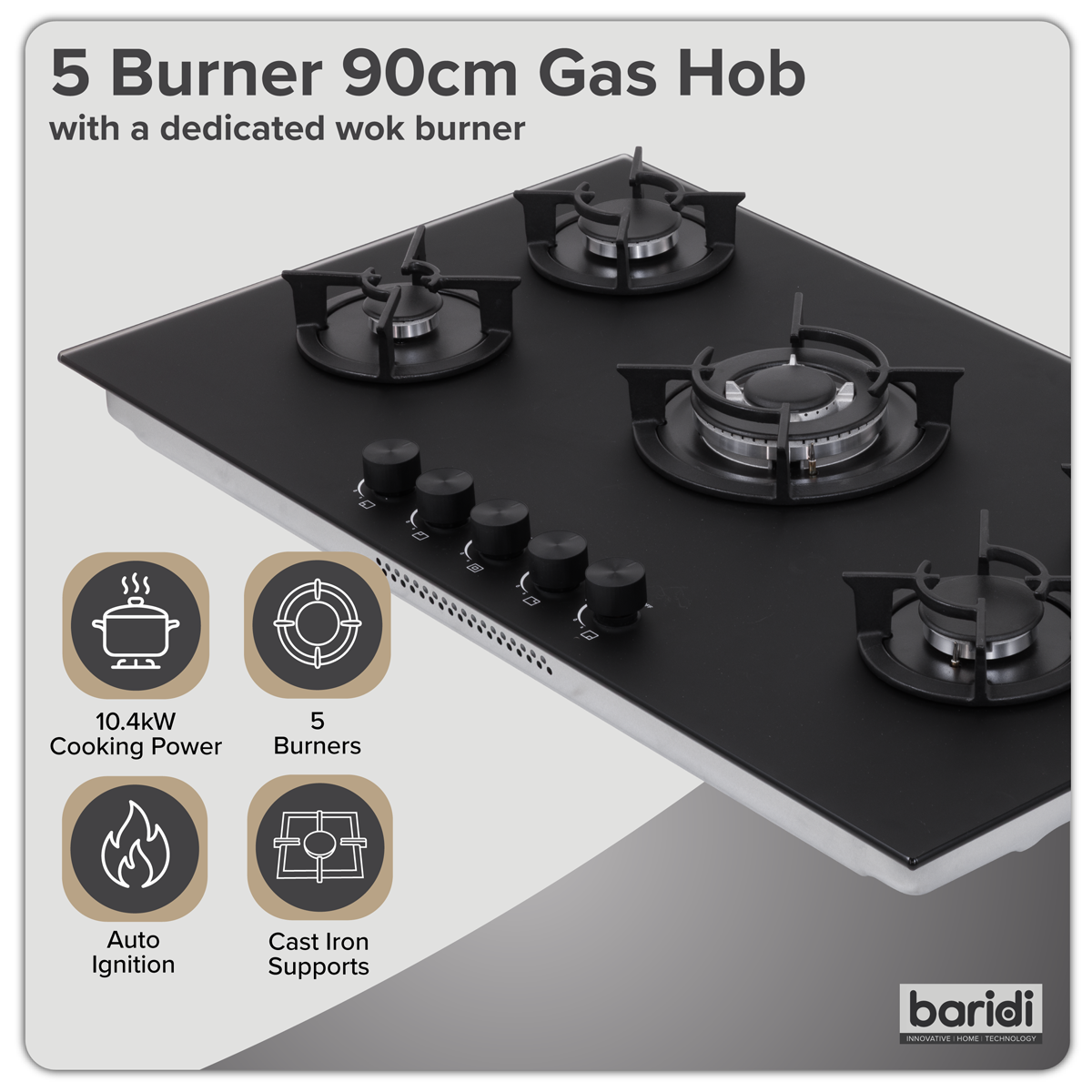 Sealey Baridi 90cm Gas Hob Matt Black 5 Burners Cast Iron Supports & Auto Ignition 10.4kW Model No-DH385