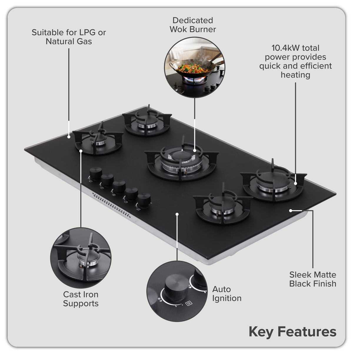 Sealey Baridi 90cm Gas Hob Matt Black 5 Burners Cast Iron Supports & Auto Ignition 10.4kW Model No-DH385