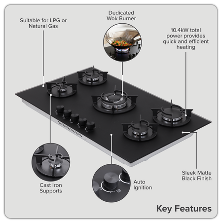 Sealey Baridi 90cm Gas Hob Matt Black 5 Burners Cast Iron Supports & Auto Ignition 10.4kW Model No-DH385