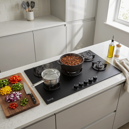 Sealey Baridi 90cm Gas Hob Matt Black 5 Burners Cast Iron Supports & Auto Ignition 10.4kW Model No-DH385