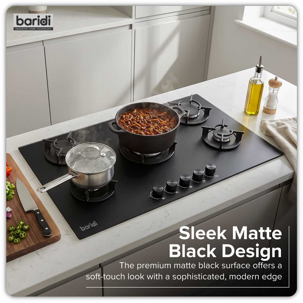 Sealey Baridi 90cm Gas Hob Matt Black 5 Burners Cast Iron Supports & Auto Ignition 10.4kW Model No-DH385