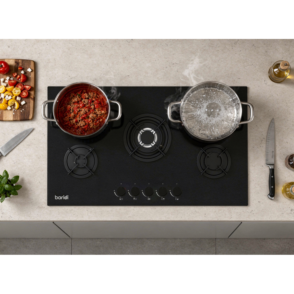 Sealey Baridi 90cm Gas Hob Matt Black 5 Burners Cast Iron Supports & Auto Ignition 10.4kW Model No-DH385