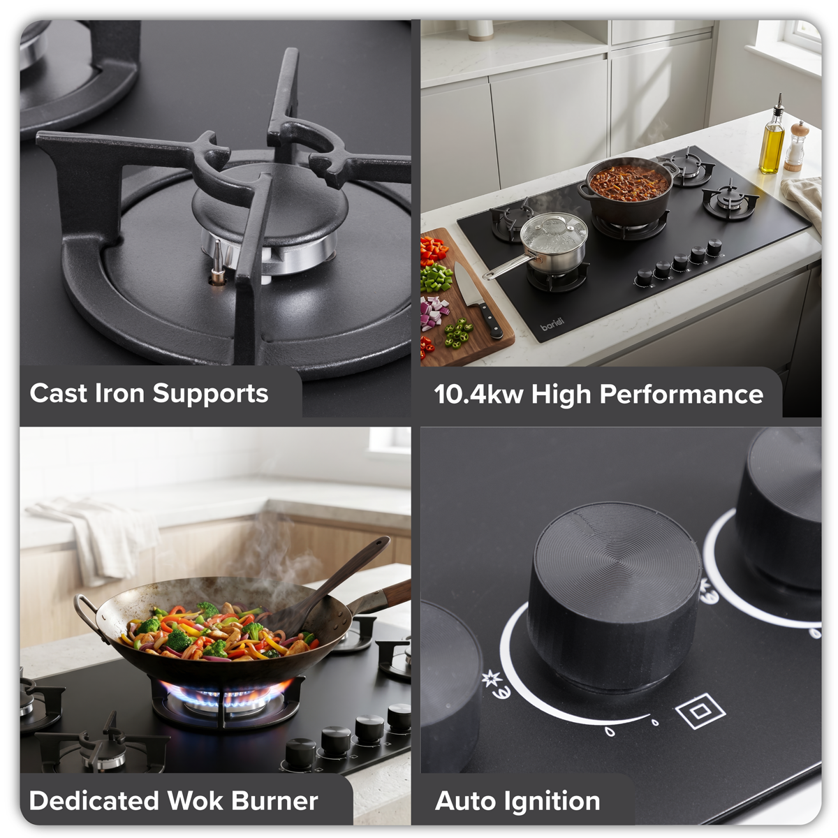 Sealey Baridi 90cm Gas Hob Matt Black 5 Burners Cast Iron Supports & Auto Ignition 10.4kW Model No-DH385