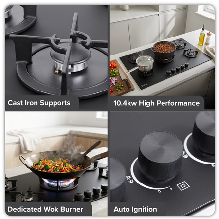 Sealey Baridi 90cm Gas Hob Matt Black 5 Burners Cast Iron Supports & Auto Ignition 10.4kW Model No-DH385