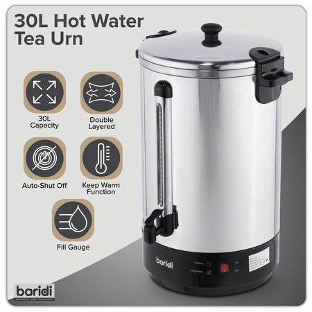 Sealey Baridi Hot Water Boiler, Tea Urn 30L Capacity - Stainless Steel Model No-DH388