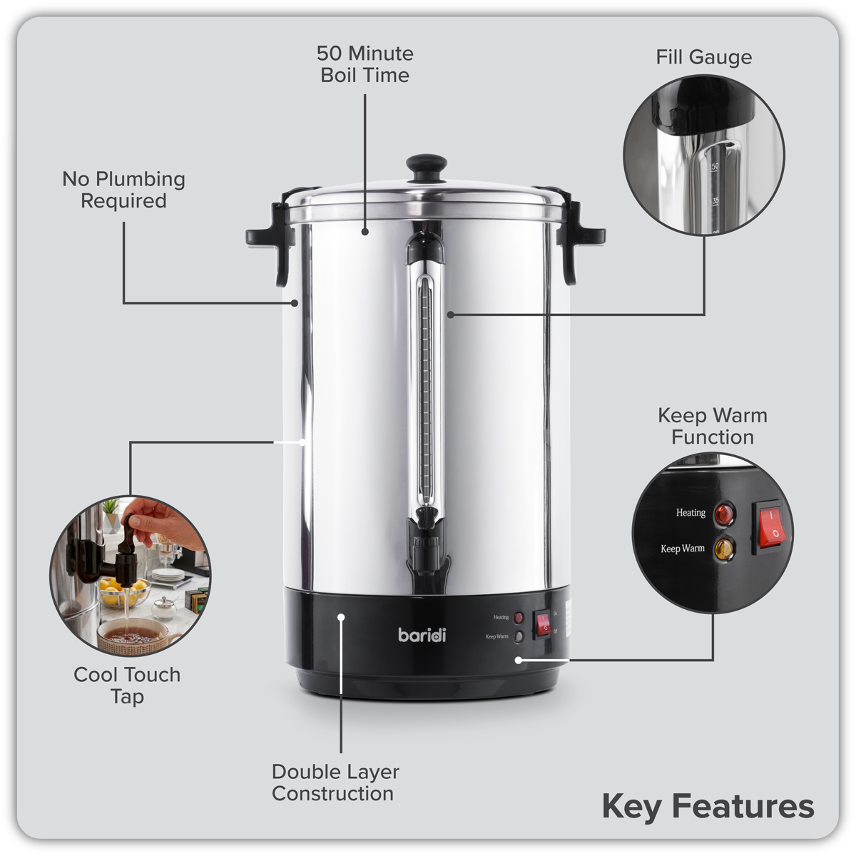Sealey Baridi Hot Water Boiler, Tea Urn 30L Capacity - Stainless Steel Model No-DH388