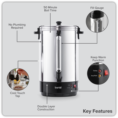 Sealey Baridi Hot Water Boiler, Tea Urn 30L Capacity - Stainless Steel Model No-DH388