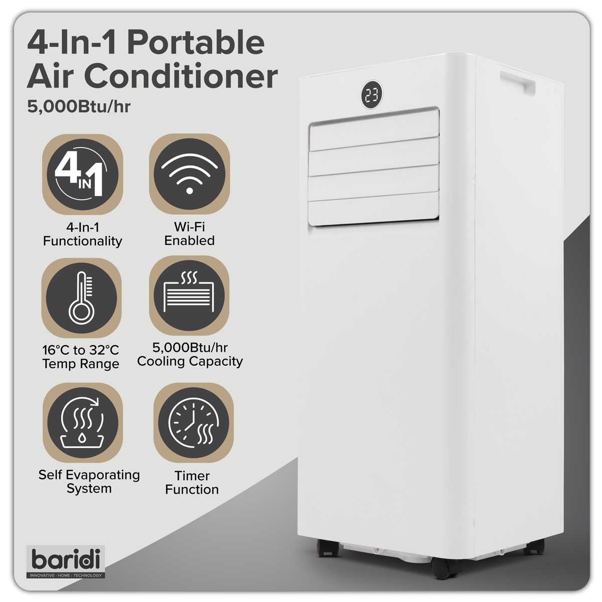Sealey Baridi 4-in-1 Portable Air Conditioner with Window Sealing Kit 5,000Btu/hr - White Model No-DH412
