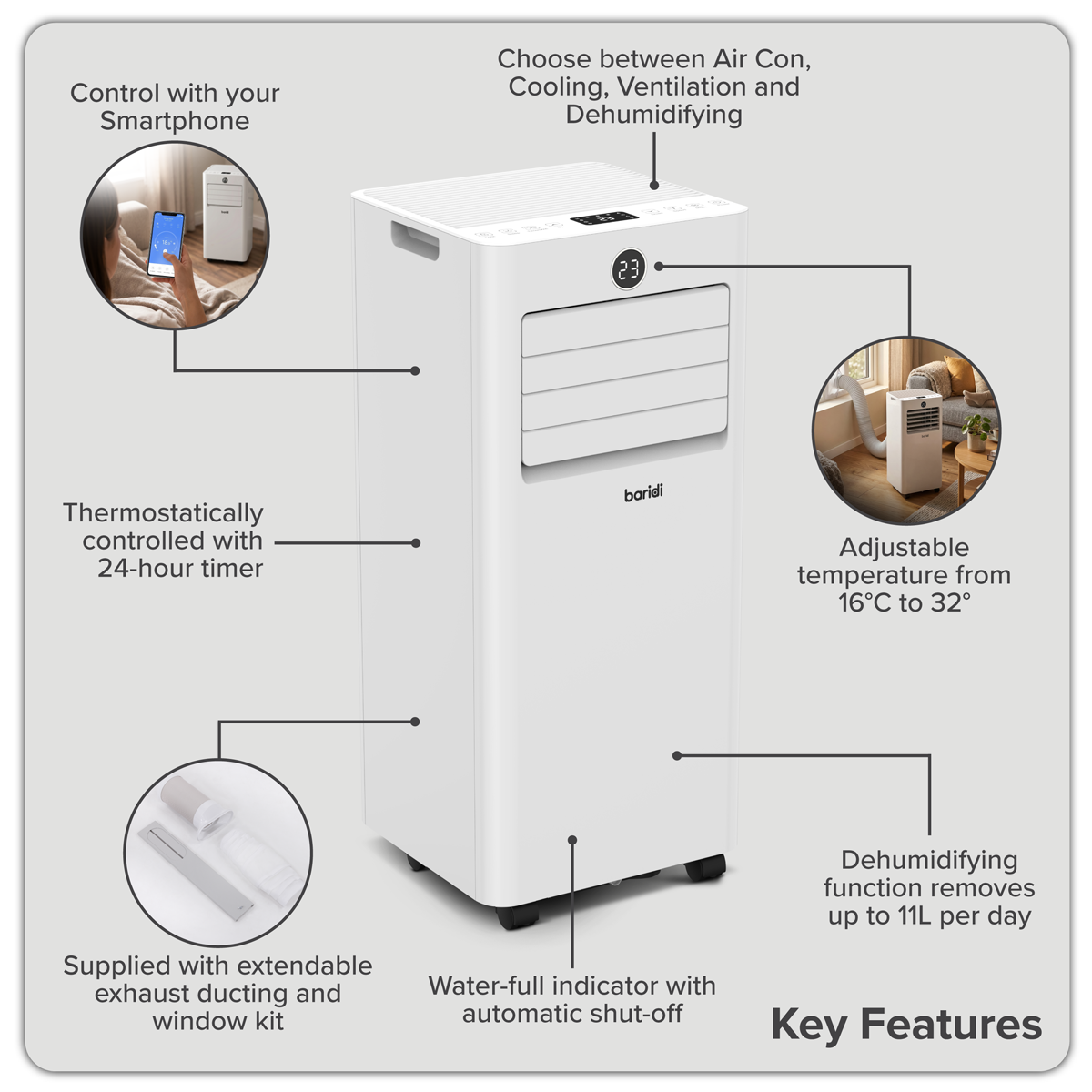 Sealey Baridi 4-in-1 Portable Air Conditioner with Window Sealing Kit 5,000Btu/hr - White Model No-DH412